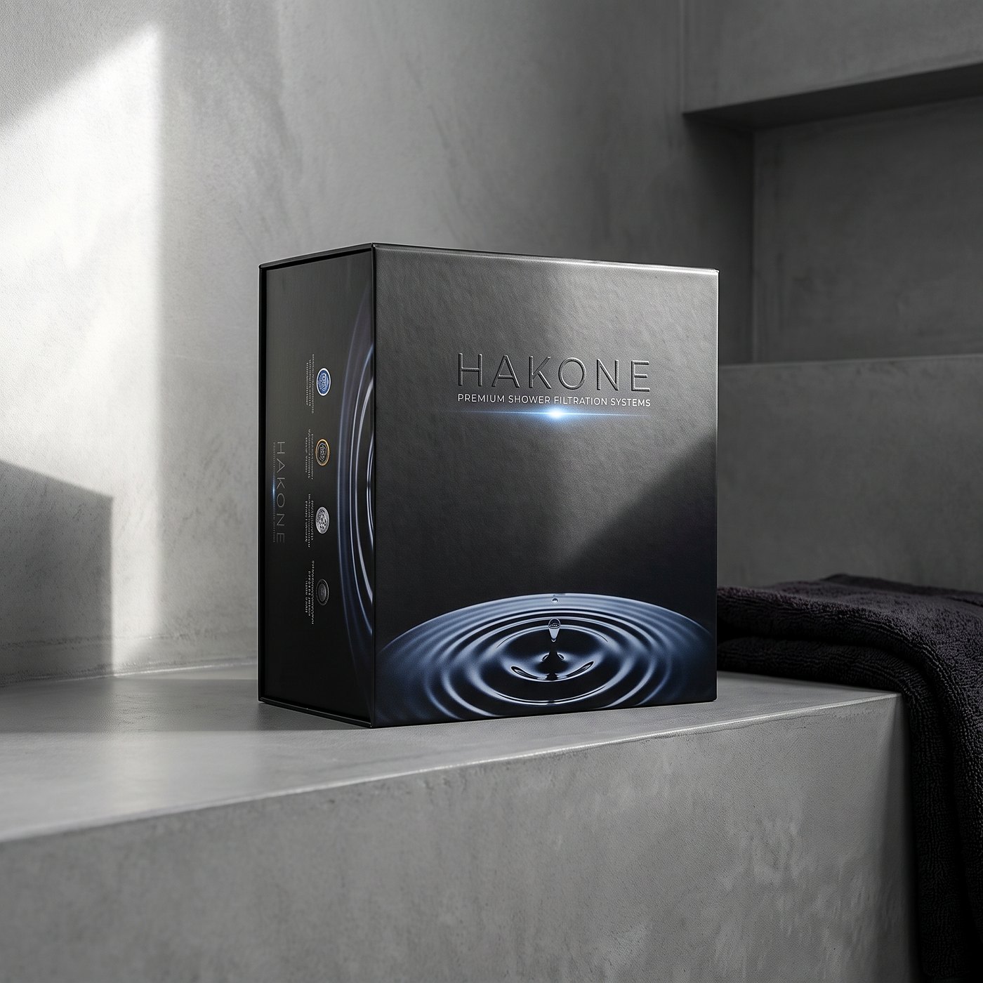 La caja de Hakone sobre concreto, con luz de ventana